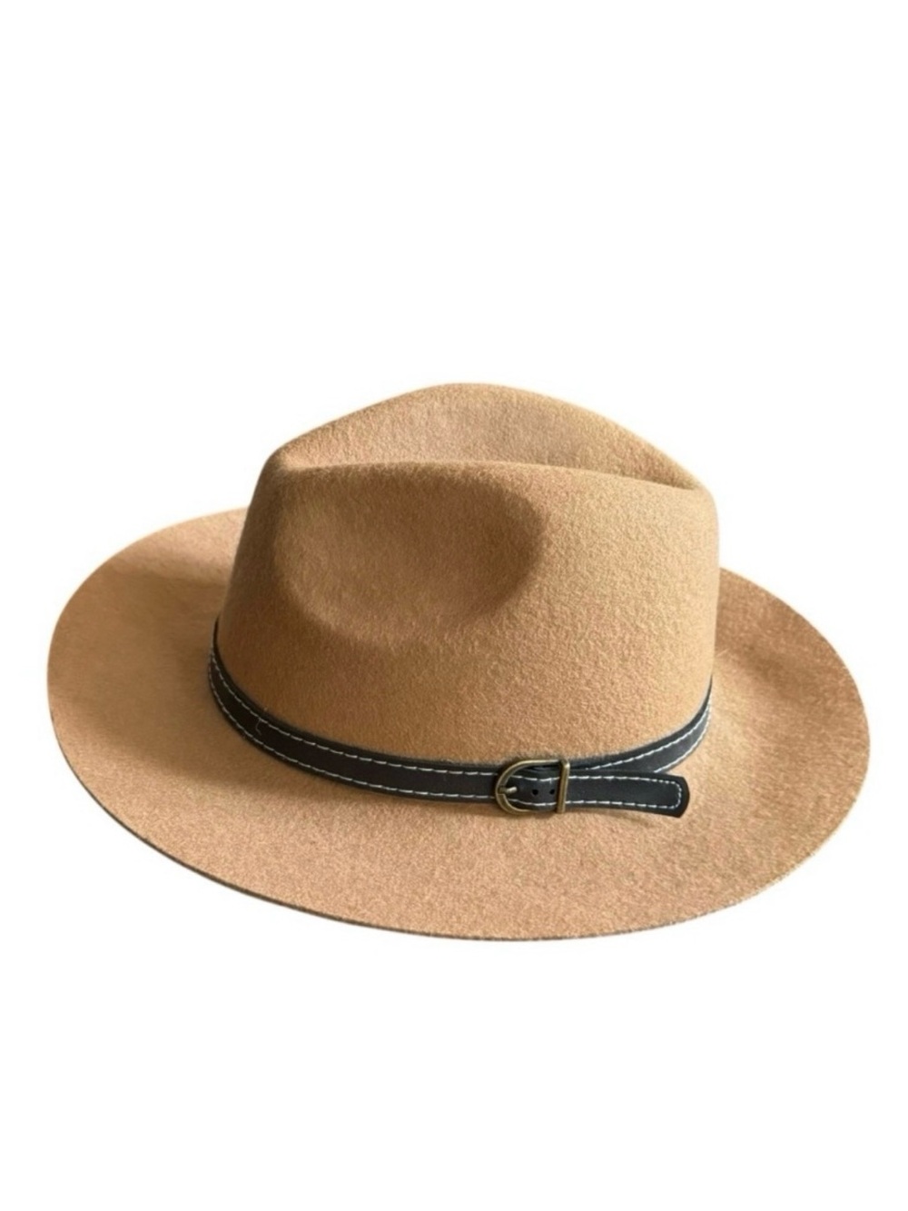 Steve Madden Tan Brown Wool Fedora Hat with Brown Leather Band Buckle OS